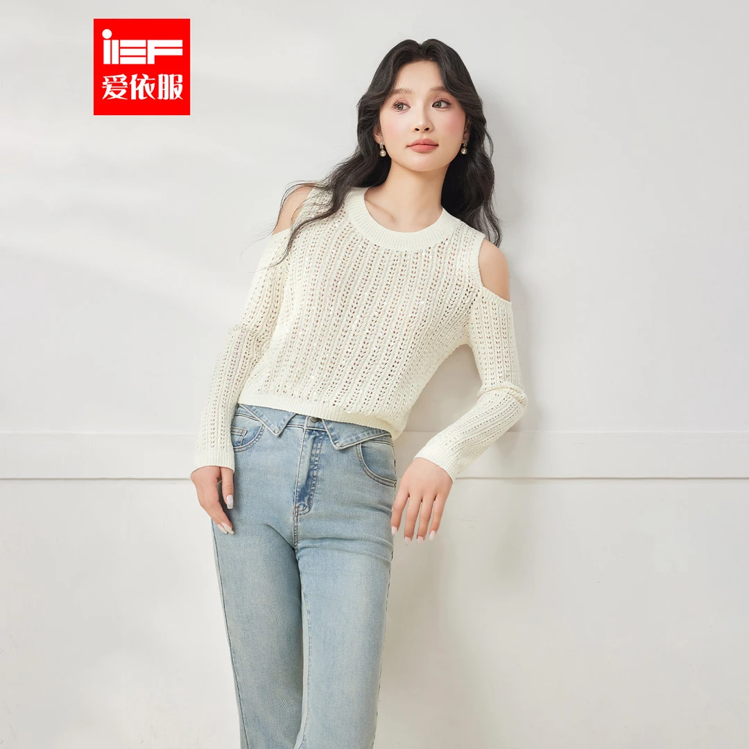 IEF/爱依服2025秋季新款韩版小众设计感通勤露肩毛织上衣流光风