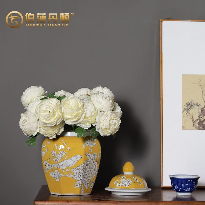 BERTHA DENTON/伯莎丹顿中式黄色青花陶瓷瓶创意手绘摆件复古客厅