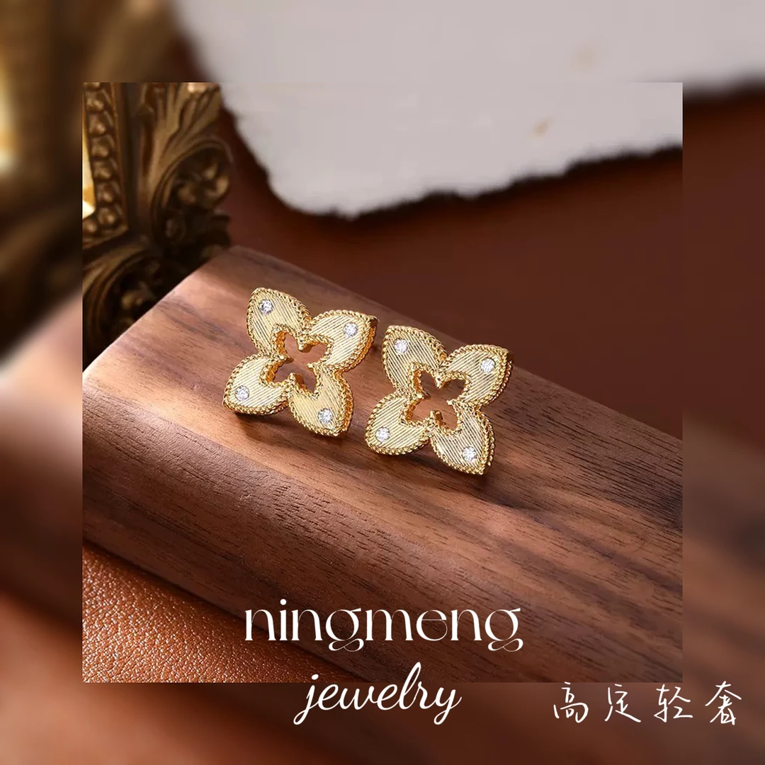铜合金耳饰 【金丝蜜语】重工拉丝工艺镂空幸运四叶草耳钉女高级感