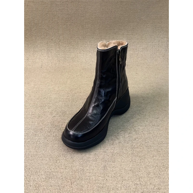 nnmiss/6.5cm复古圆头加绒侧拉链短靴休闲运动厚底保暖通勤时装靴