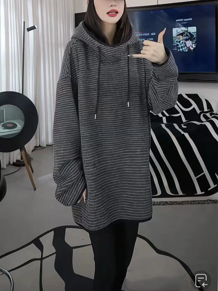 慵懒风宽松连帽毛绒绒条纹卫衣女2025冬季新款百搭中长款长袖上衣
