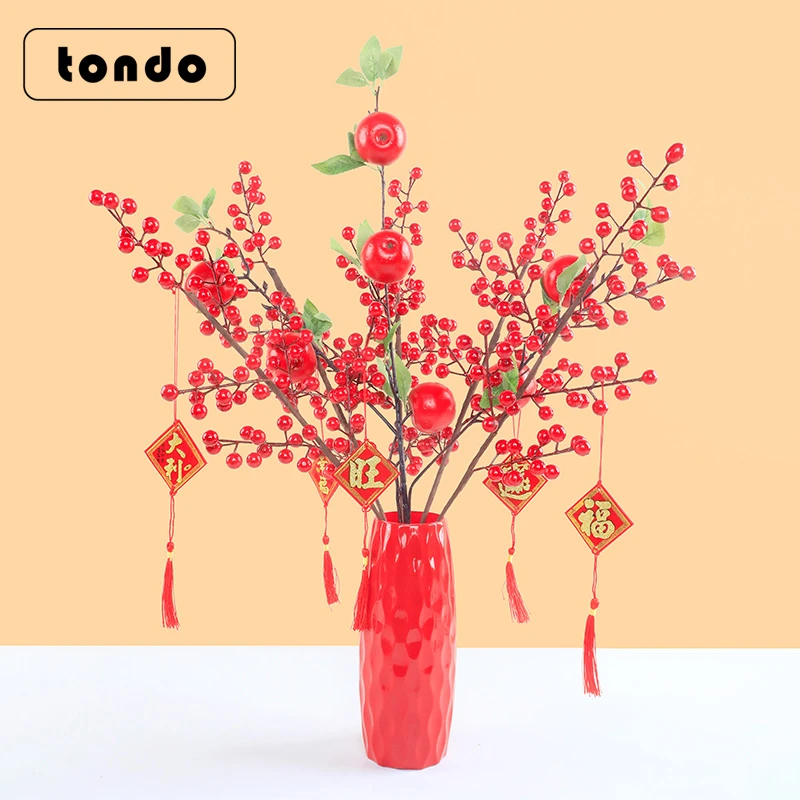 2025新年福桶材料包过年装饰摆件仿瓷花瓶冬青发财果春节喜庆用品