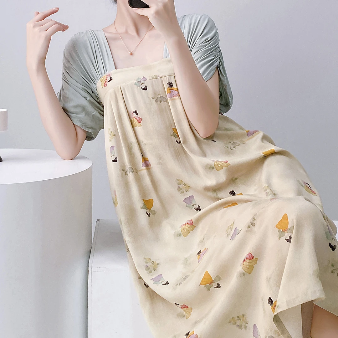 唐风小碎花新款棉绸短袖睡裙女外穿绑带家居服绵绸裙子到脚踝长裙