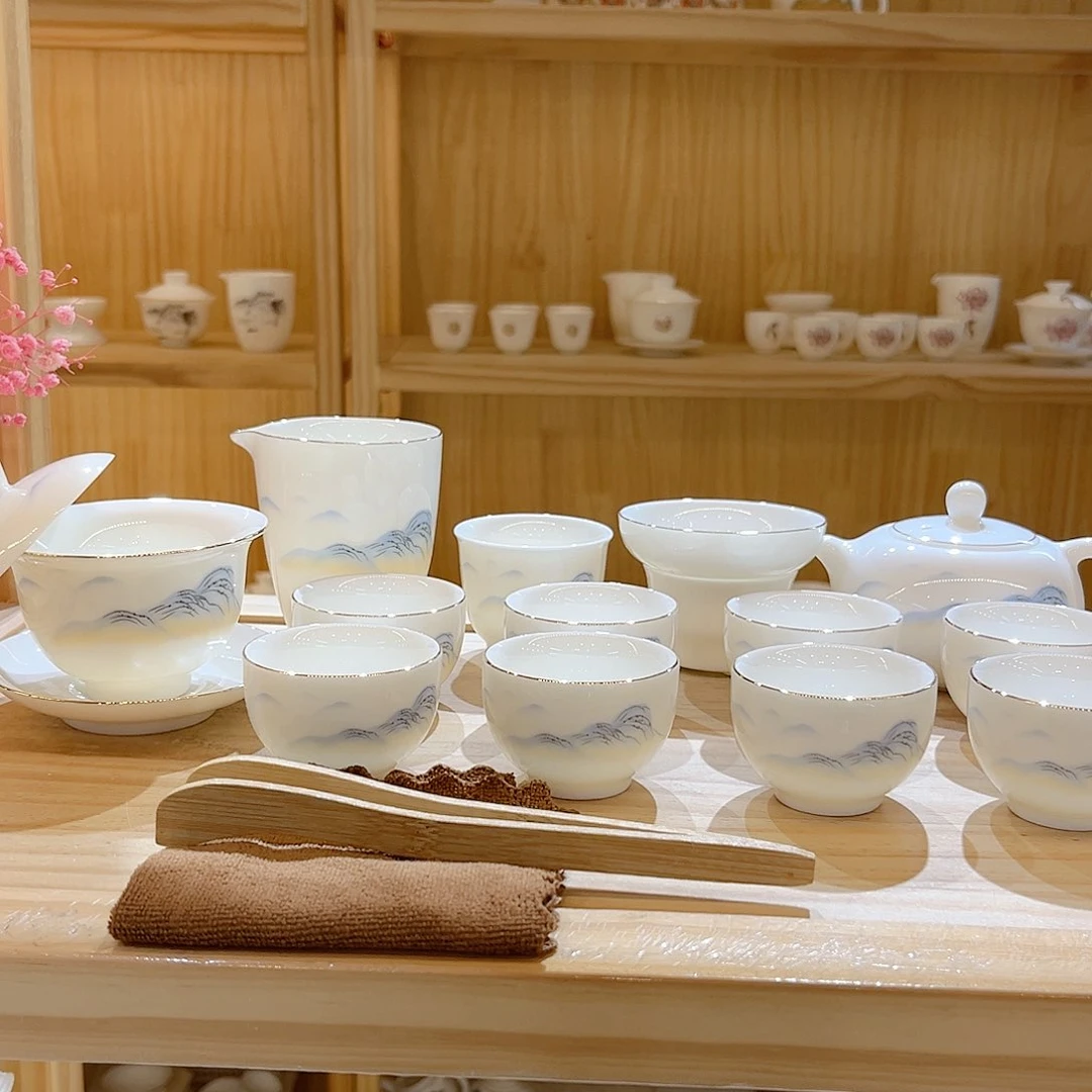 【御瓷斋】羊脂玉瓷江山如画套装16头