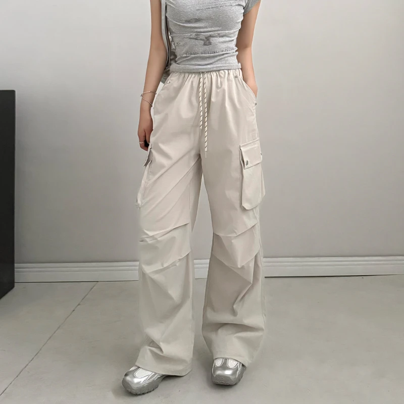 美式工装裤女夏季新款高腰直筒速干钉扣伞兵裤运动阔腿裤裤子