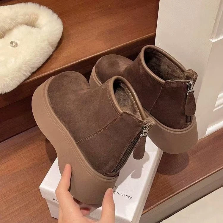 厚底马丁靴2025秋款加绒保暖后拉链短筒靴棉鞋女冬季保暖加绒加厚