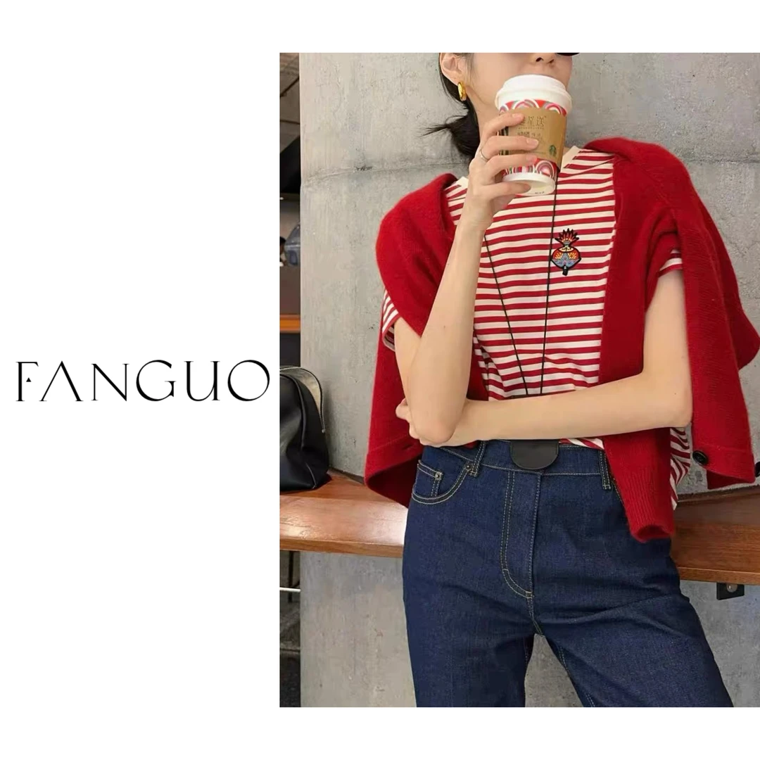 新年贺岁款 【福寿三多】重磅液氨荃棉条纹针织圆领短袖t恤 27118