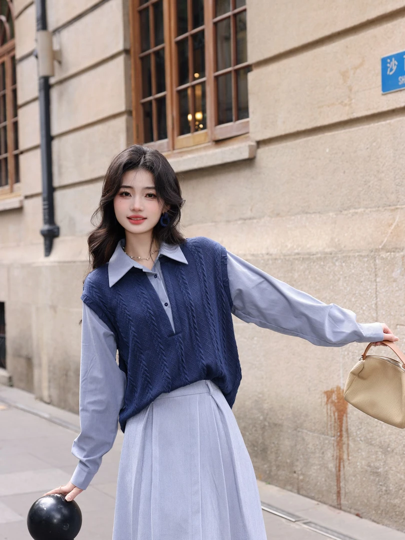 丁佳欣【深夜港湾】港风复古假两件衬衫女宽松显瘦上衣JS1113093