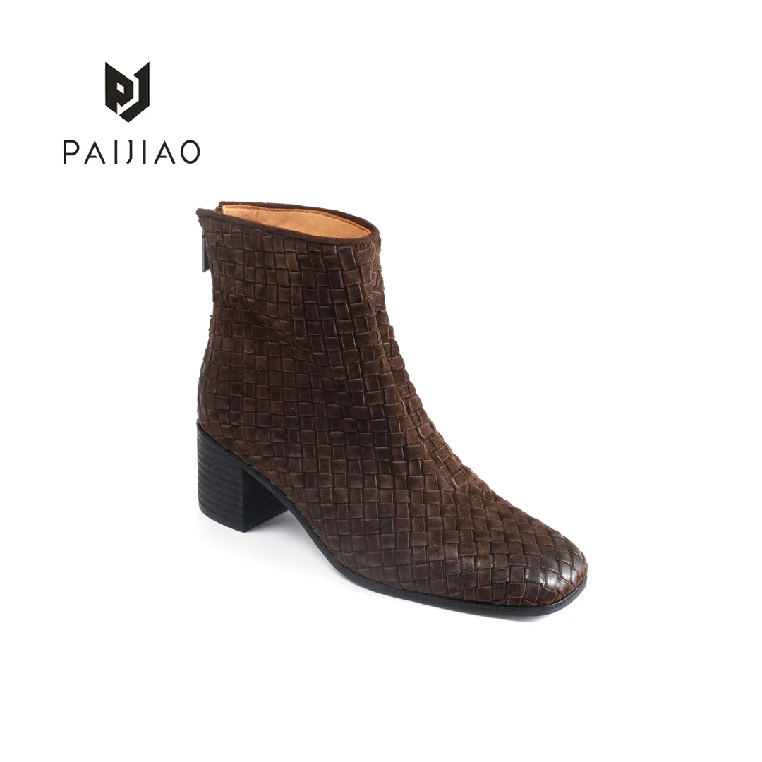 羊皮复古编织方头粗跟时装短筒靴时尚后拉链套筒女短靴XD113058