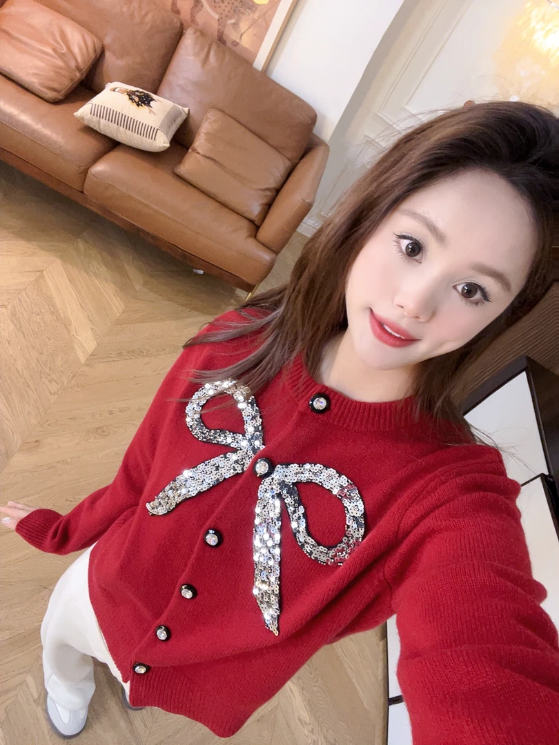 YTTRIUM LIN[亮片蝴蝶结]针织衫开衫百搭新款（不可机洗甩干）42908