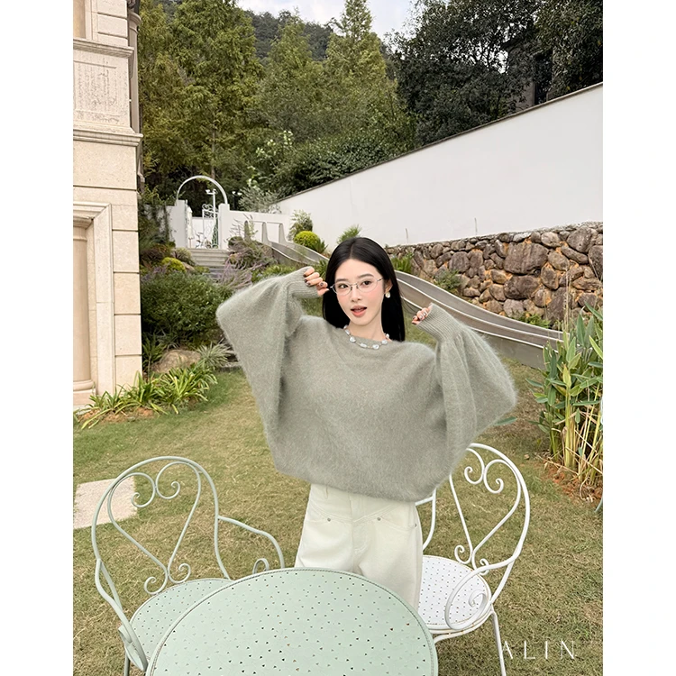 阿琳ALIN【半桃】秋冬全羊毛慵懒风毛衣百搭显瘦拉毛针织衫AL5OZS25