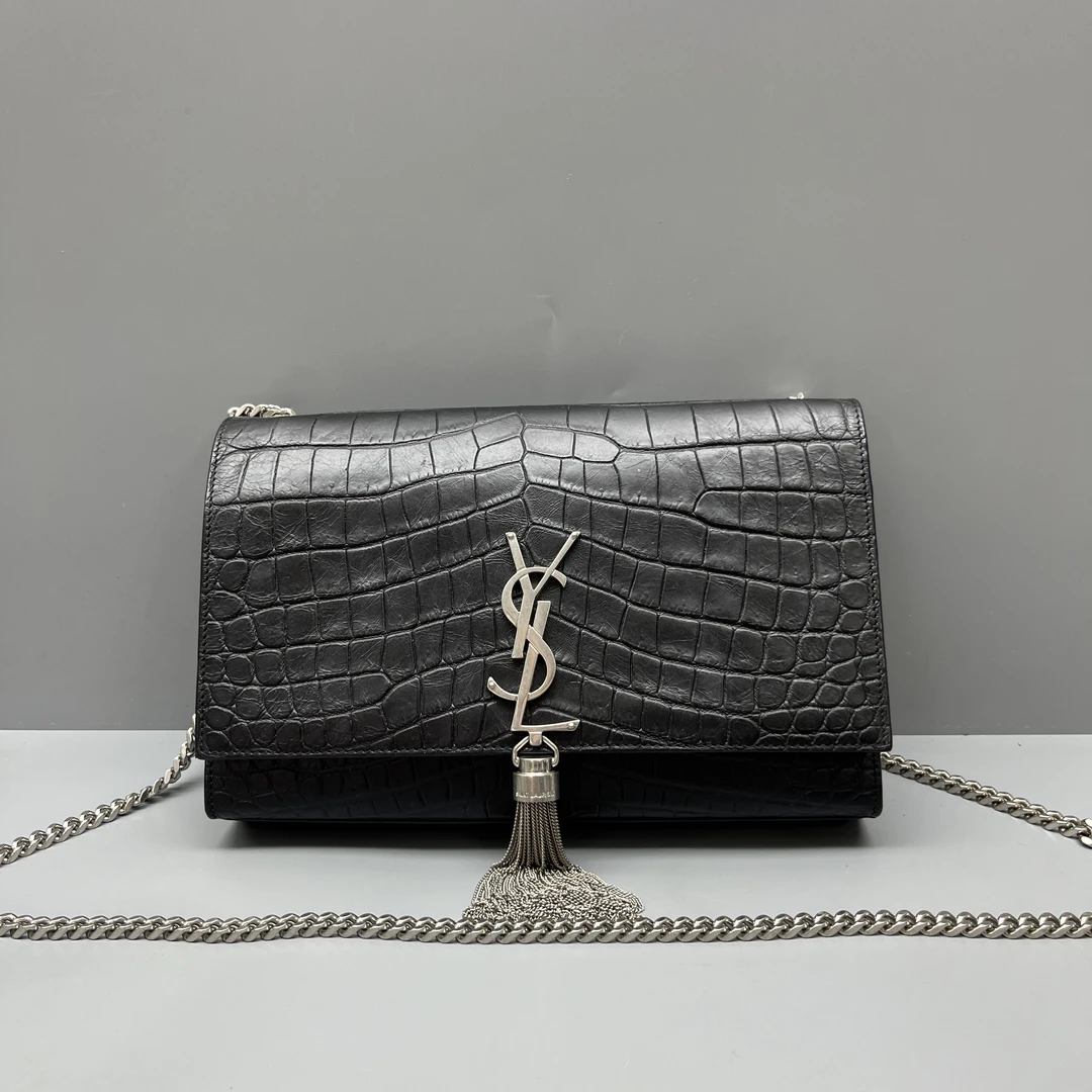 95新 YSL/圣罗兰 黑银鳄鱼压纹Kate流苏链条包 尺寸24*15SV16667