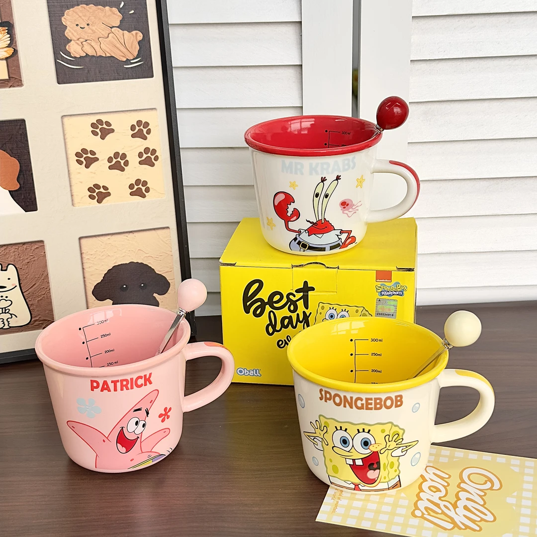 正版海绵宝宝联名马克杯带刻度牛奶杯家用喝水杯陶瓷杯子生日礼物