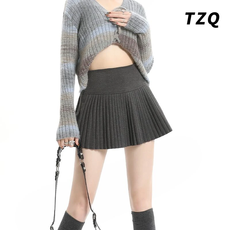 美式辣妹毛呢半身裙女2025秋季纯欲显瘦灰色高腰百褶裙潮TZQ91508