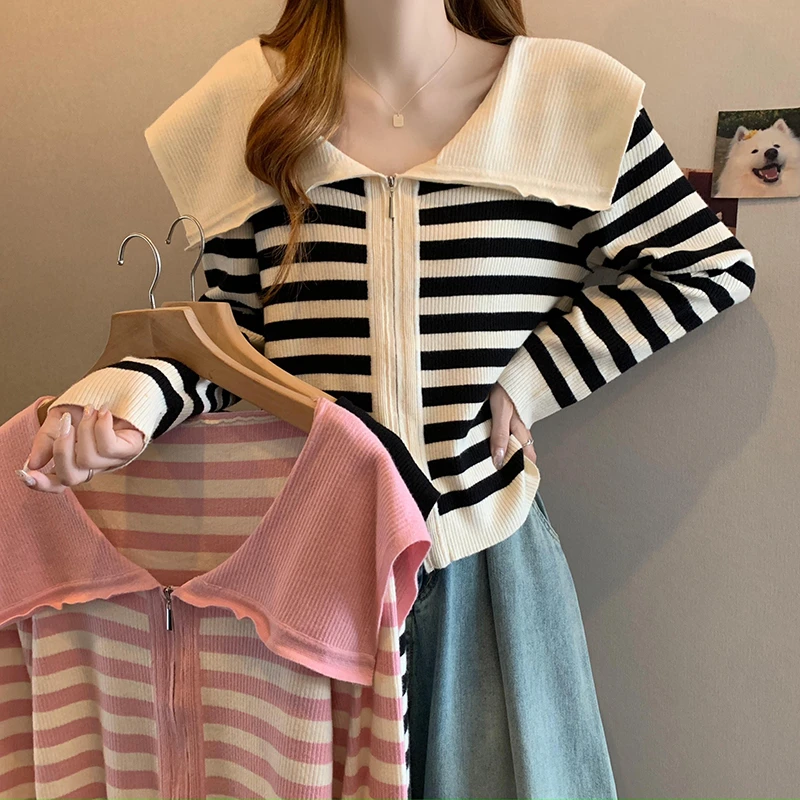 8075大码女装2024秋装新款洋气百搭针织衫开衫胖mm宽松条纹外套女