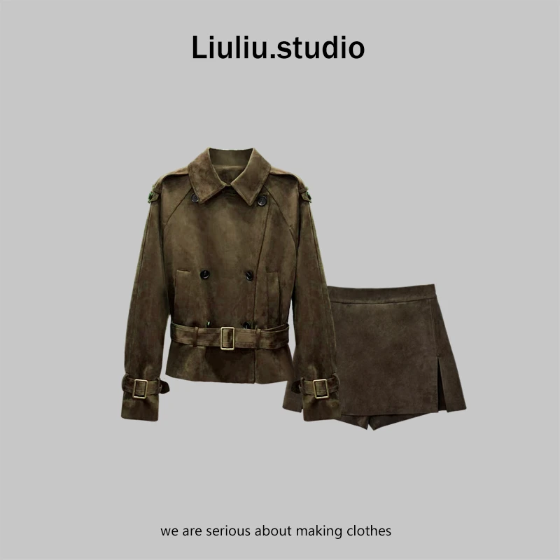 LiuLiu定制【飒爽裙裤】设计师休闲时尚气质翻领外套+显瘦裙裤套装