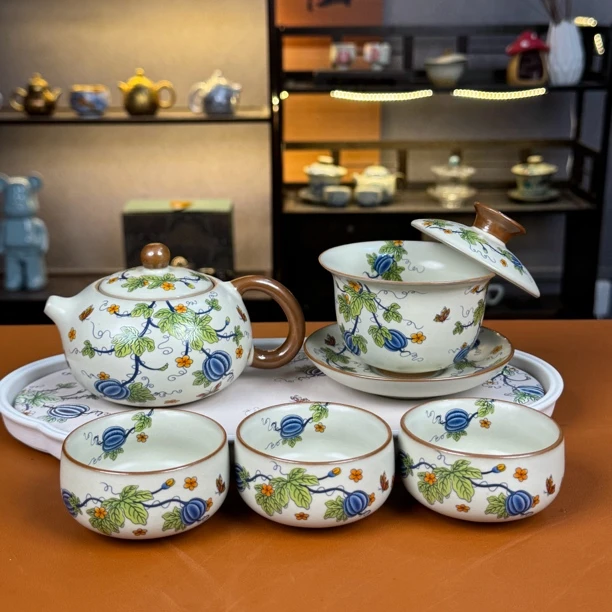 瓜藤汝窑茶具套组硕果累累泡茶壶盖碗茶杯三才盖碗功夫茶具可开片