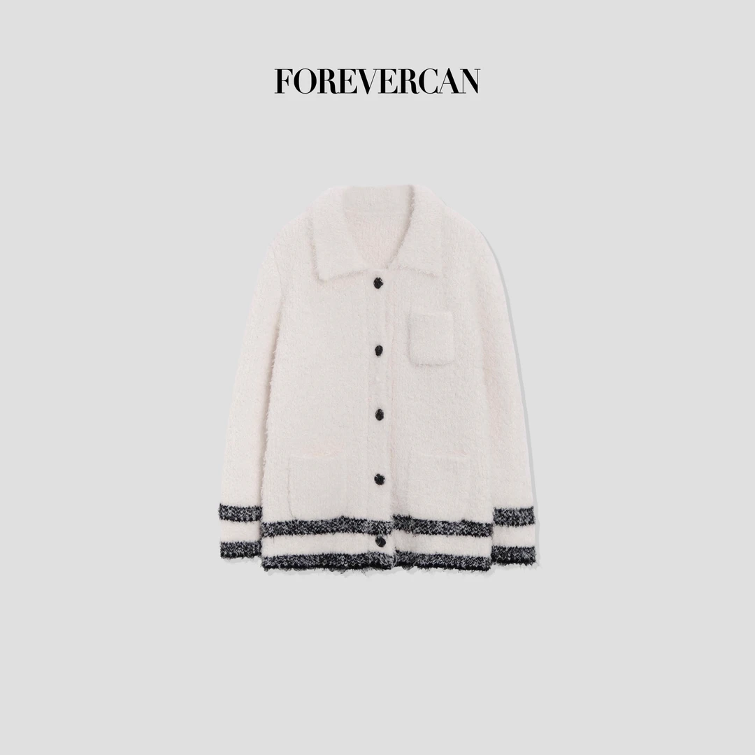 FOREVERCAN“暮雪”撞色提花翻领毛衣开衫外套 MY4359
