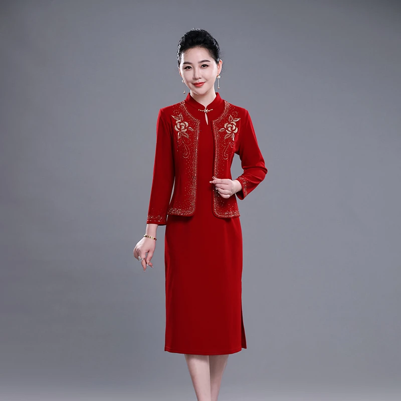 春秋女喜婆婆喜妈妈装红色高端婚礼两件套婚宴礼服套装婚礼旗袍裙