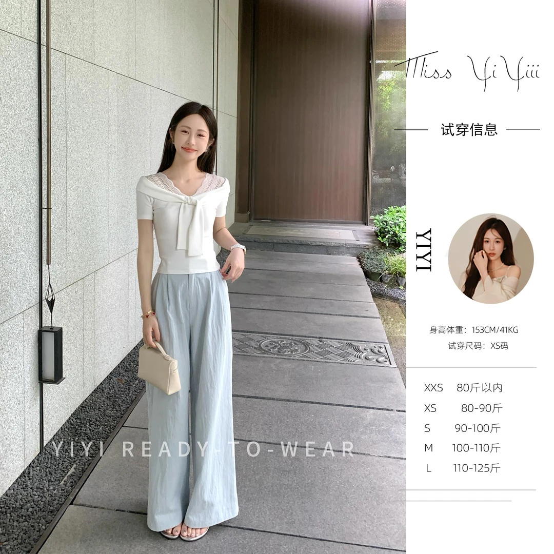 【蓝白记忆】<YiYiii>2025夏季小个子显瘦白色假两件短袖高腰阔腿裤