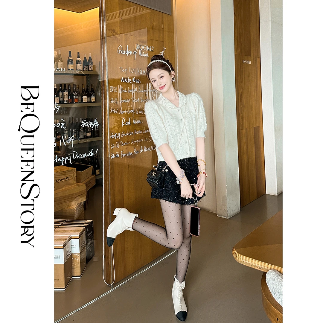 韩韩IU【雪绒舞曲】高定含羊毛混纺纱线亲肤舒适修身娃娃领短袖毛衣