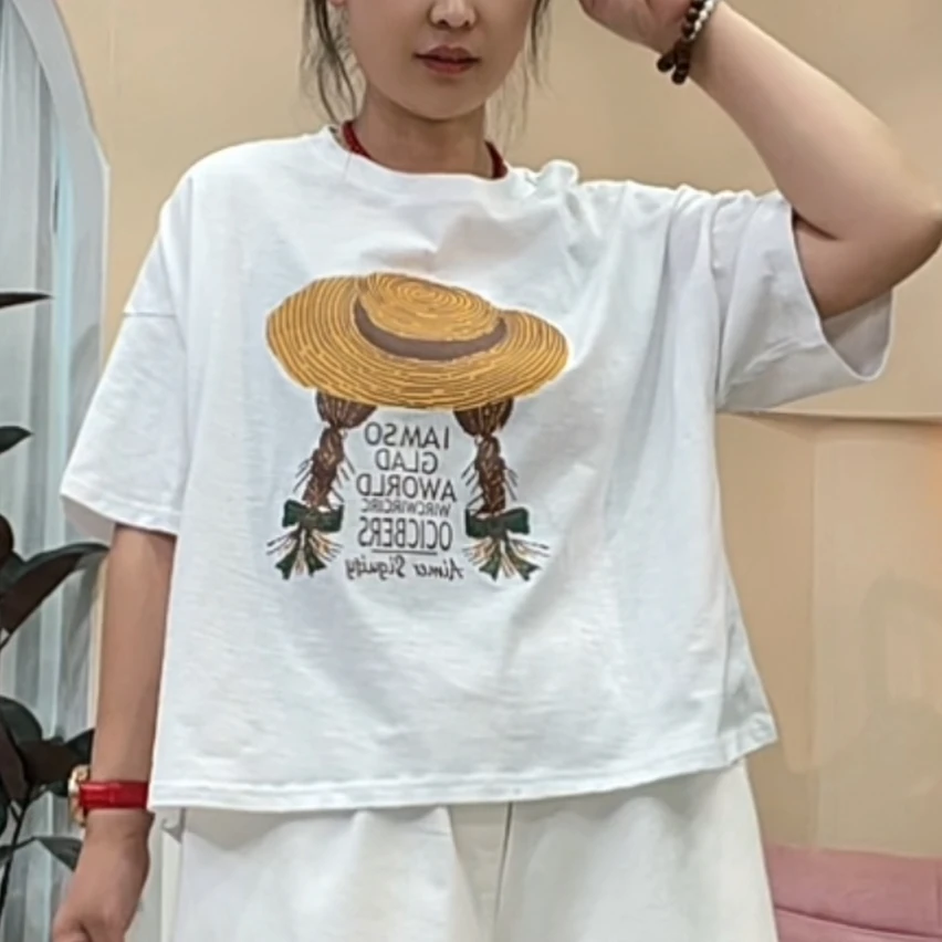 568草帽女孩大版竹节棉短袖T恤女.
