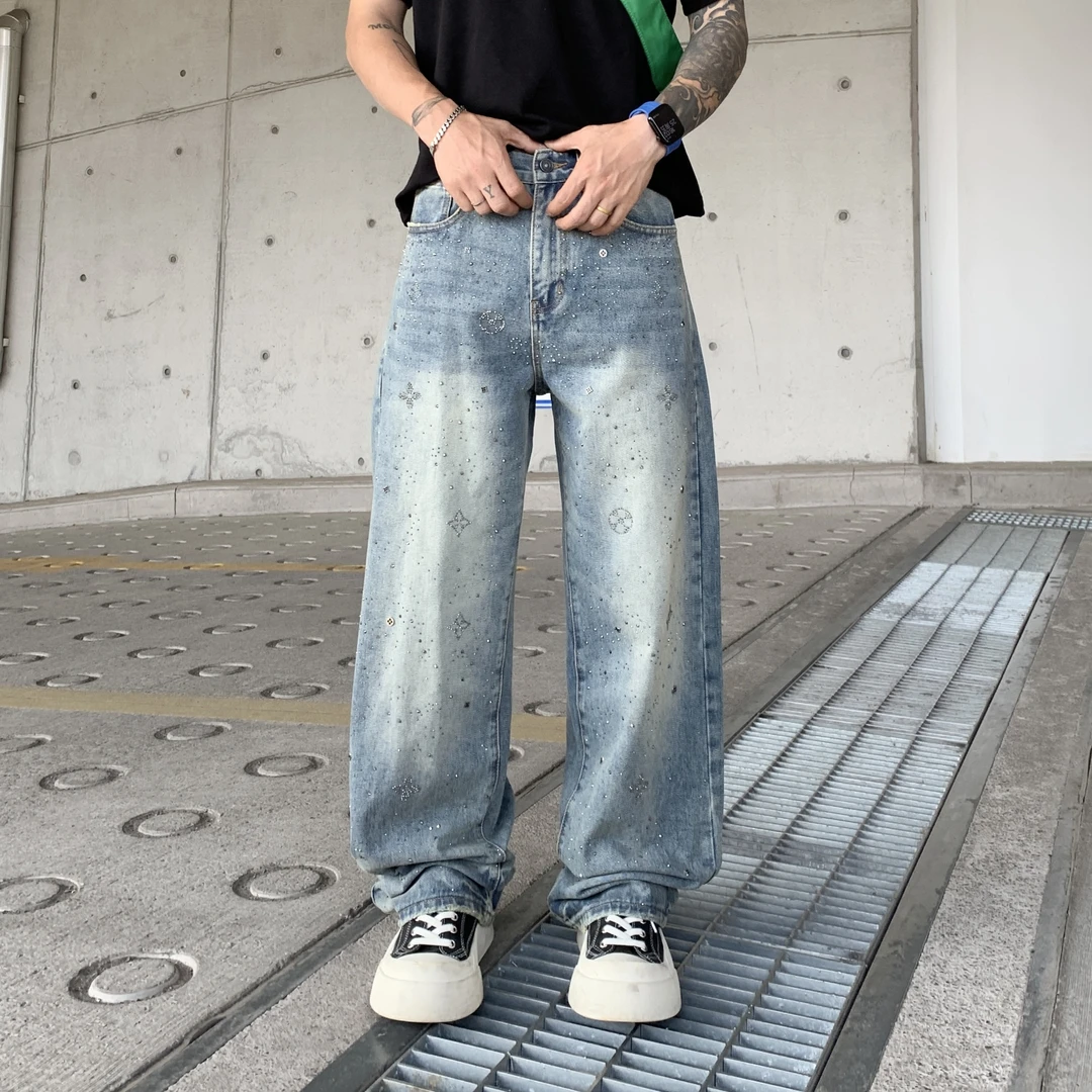 【宽松直筒】美式高街潮牌个性烫钻男士牛仔裤浅色百搭设计感长裤子