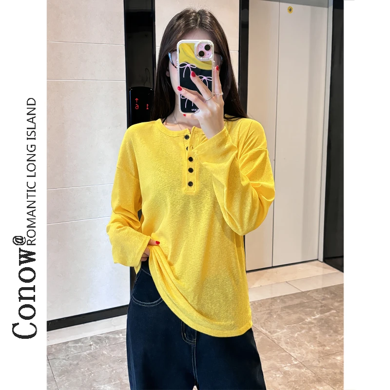 亨利领微透薄款慵懒风夏季美系宽松纽扣T恤ins长袖防晒罩衫