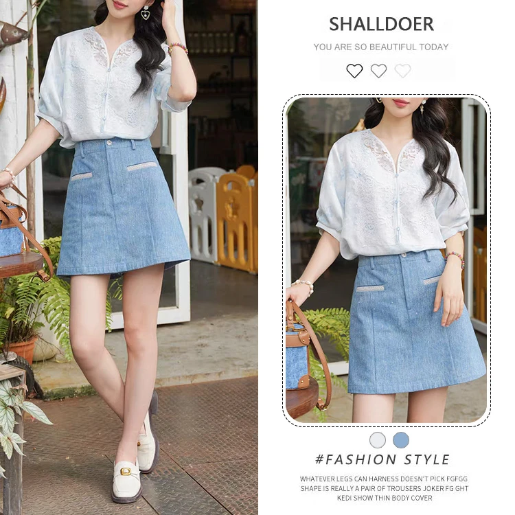 高级淑女风套装女2025夏季高级感蕾丝拼接短袖衬衫牛仔裙裤两件套