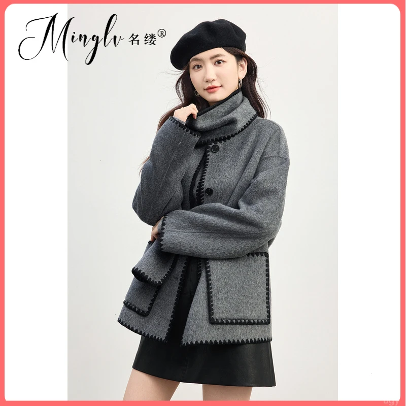 双面呢大衣女女装时尚名缕可脱卸围巾高端静奢优雅高级感毛呢外套