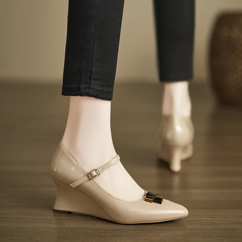 8cm~软漆皮单鞋法式尖头高跟玛丽珍鞋2025新款坡跟小皮鞋百搭鞋子