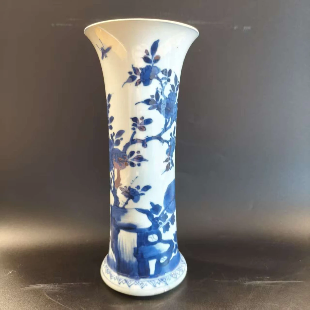 DS300 清康熙青花花鸟箭筒(底部小磕) 直径7cm高23cm