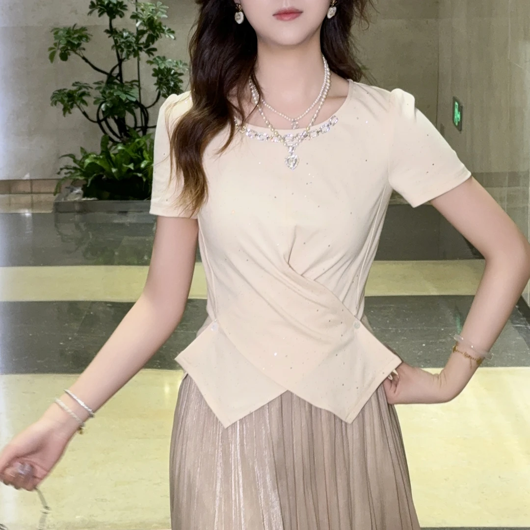 蔡小姐圆领短袖女式设计感T恤夏季褶皱设计感复古