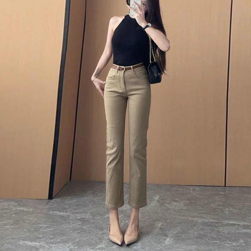 经典卡其色老钱风九分直筒牛仔裤女2025春季新款高腰弹力裤