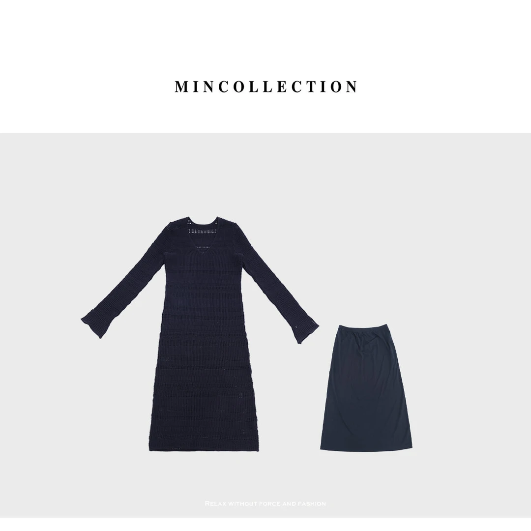 DE Mincollection镂空针织裙/早秋法式镂空钩花针织连衣裙套装