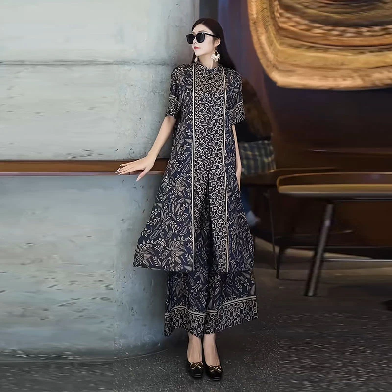 复古大码人丝印花长款开衫外搭套装宽松阔腿裤中式优雅气质两件套