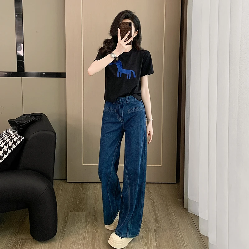 小众穿搭一整套女夏季时尚减龄洋气短袖T恤蝴蝶结牛仔裤两件套潮