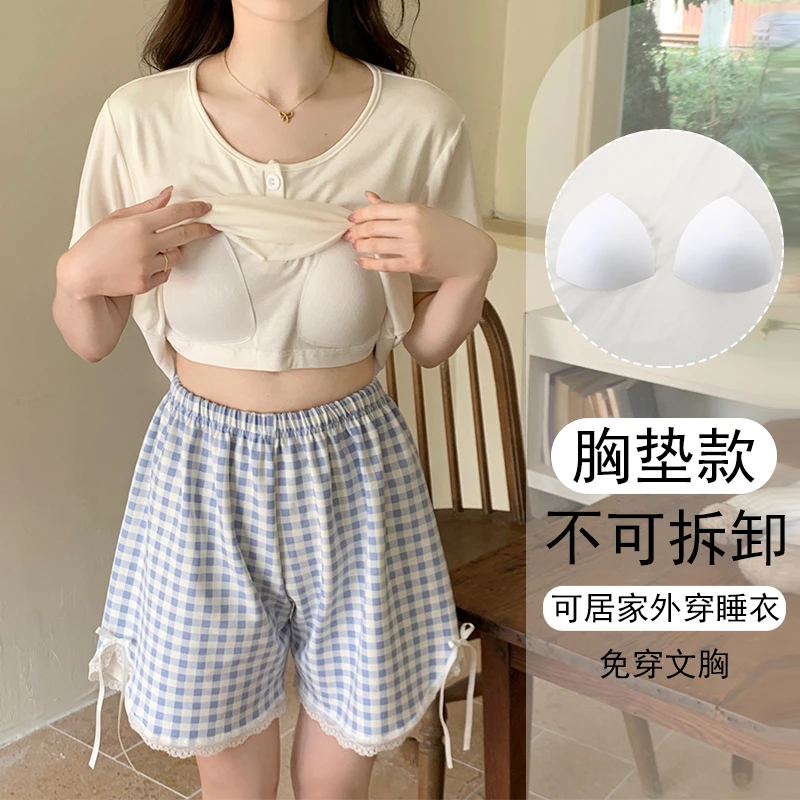 女大睡衣女款爆款2025新款夏宽松短袖可外穿带胸垫大码家居服套装