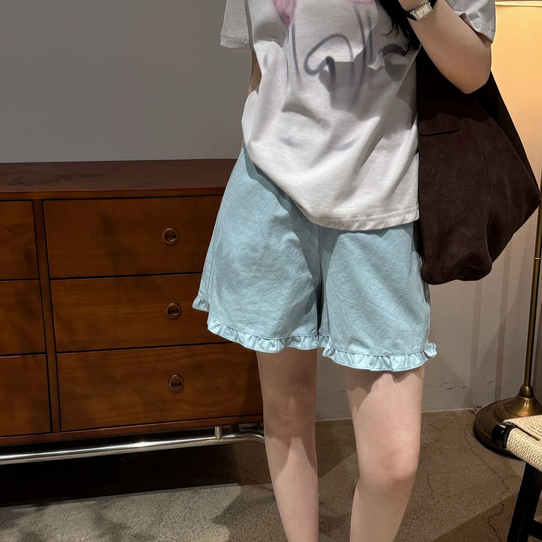 今婷夏季时尚休闲百搭气质简约显瘦松紧腰花边短裤女-M25206310