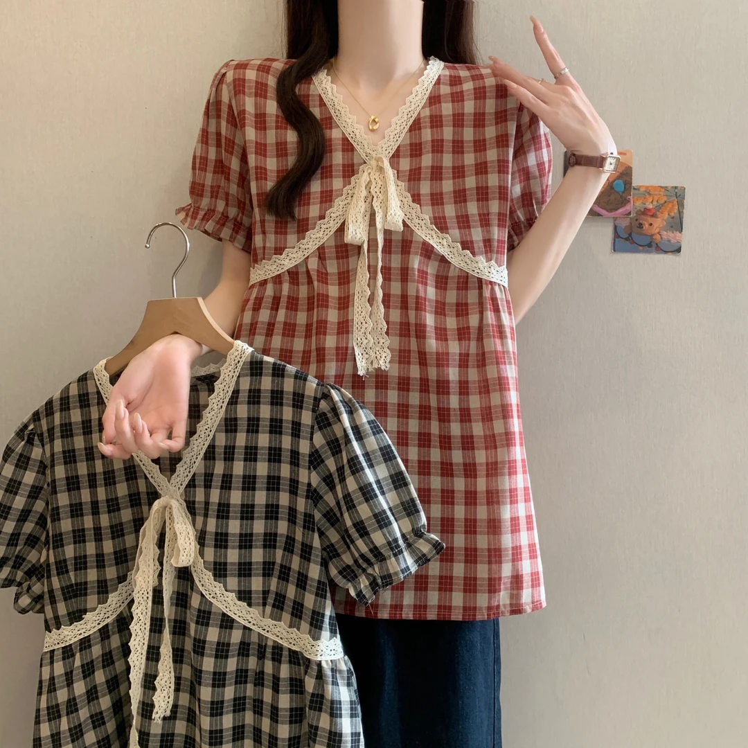 8003＃大码法式格子衬衫新款夏季蕾丝花边衬衣胖MM遮肚子显瘦上衣
