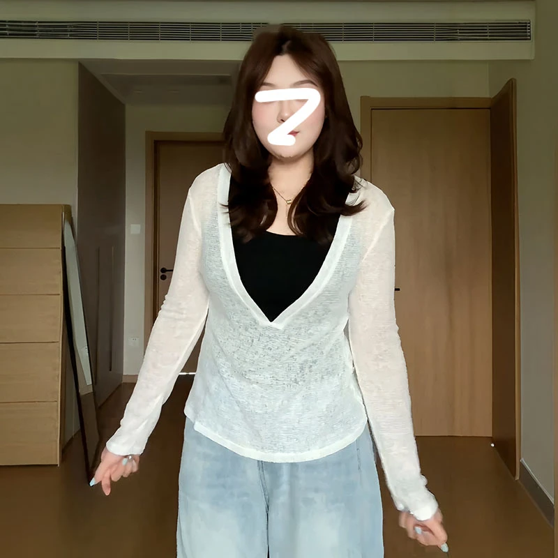 大码设计感V领防晒罩衫背心两件套女夏季新款胖mm巨显瘦叠穿套装