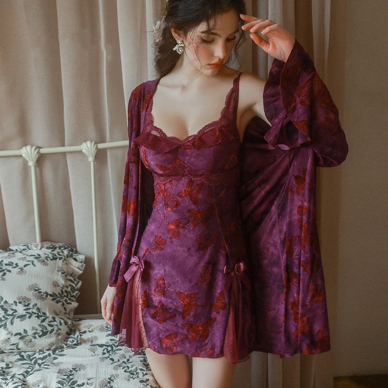 【星河入梦】甜美蝴蝶印花露背深V加胸垫睡裙外袍女套装