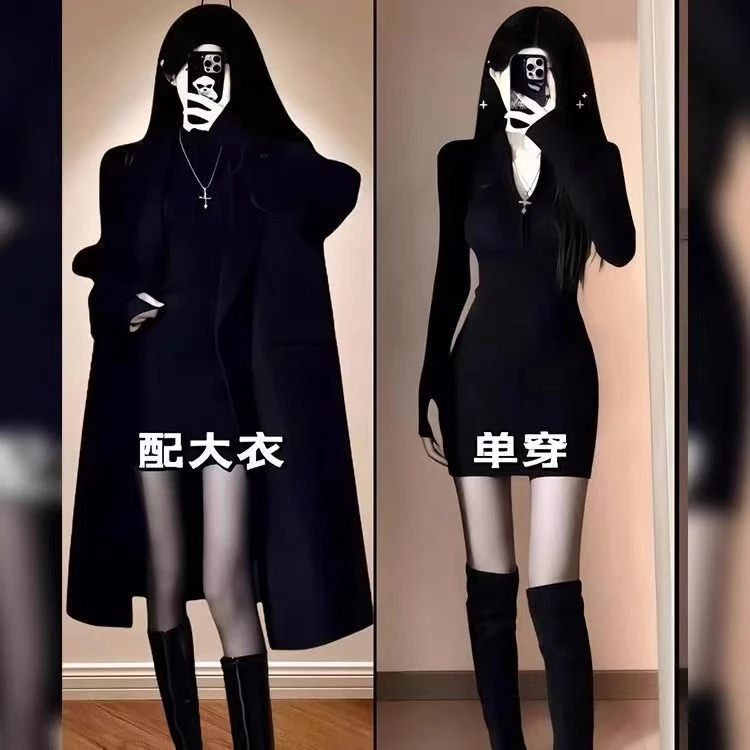 秋冬半高领包臀连衣裙套装女2025年新款小个子大衣内搭修身打底裙