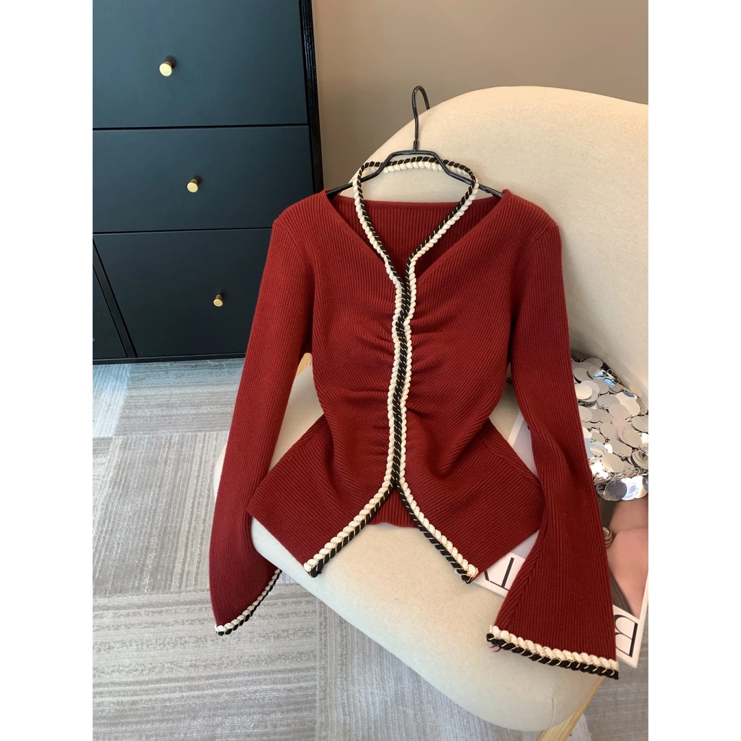 ZB#减龄挂脖V领长袖针织衫毛衣秋冬新款法式氛围感开叉显瘦上衣