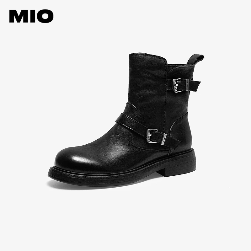 MIO米奥水洗牛皮切尔西靴皮带扣2025擦色褶皱马丁靴M255672601