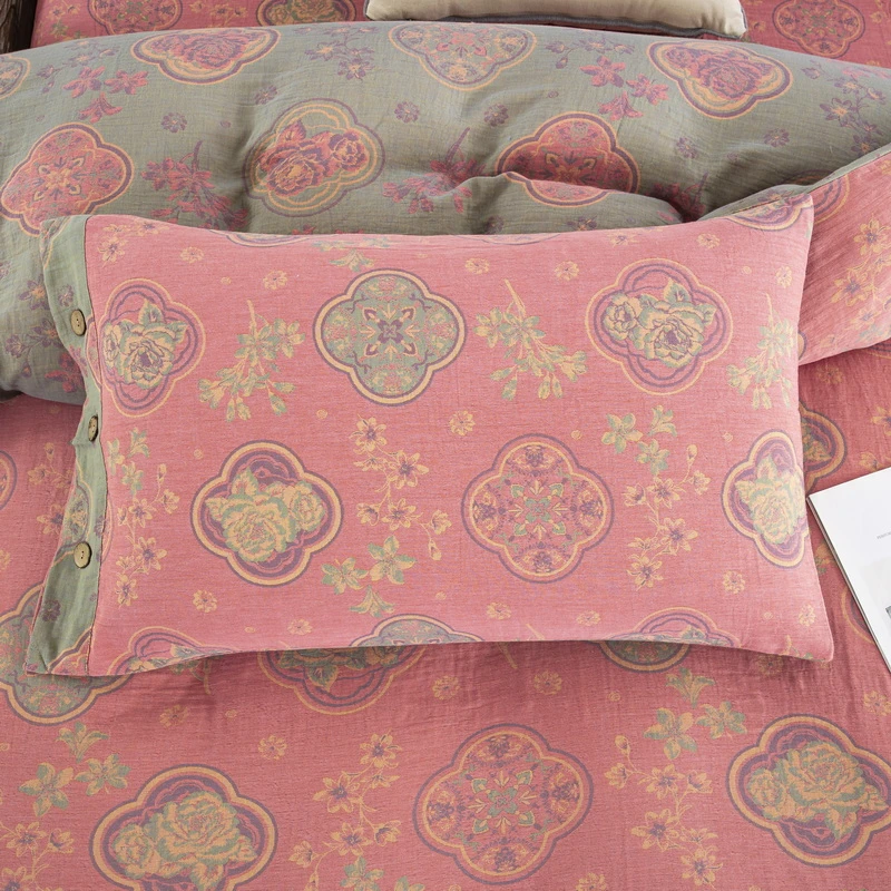 【花漾】孤品三件套-A类全棉色织提花双层纱三件套床单枕套加厚加密