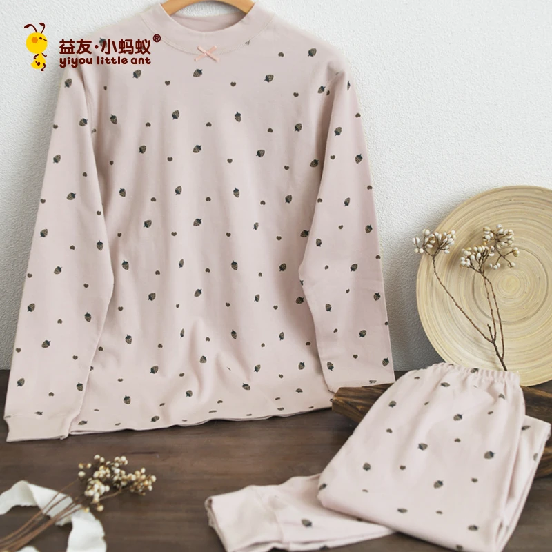 益友小蚂蚁女童圆领纯棉睡衣女孩家居服秋衣裤儿童半高领内衣套装