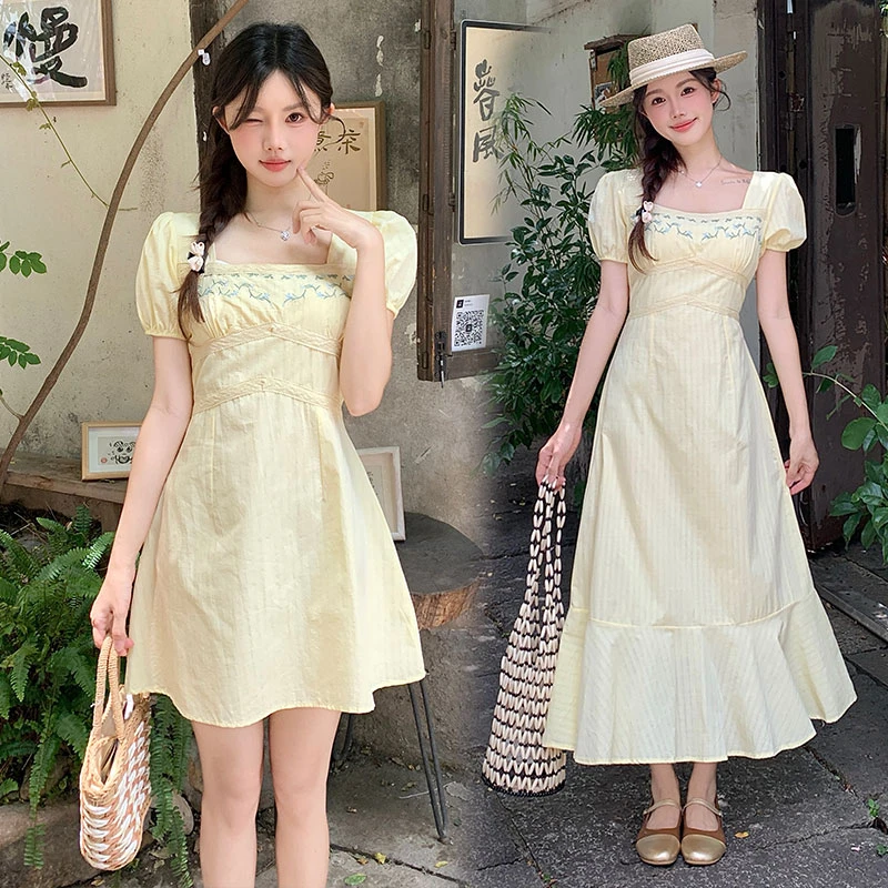 9019 长短款/夏季大码方领显瘦重工刺绣鱼尾连衣裙