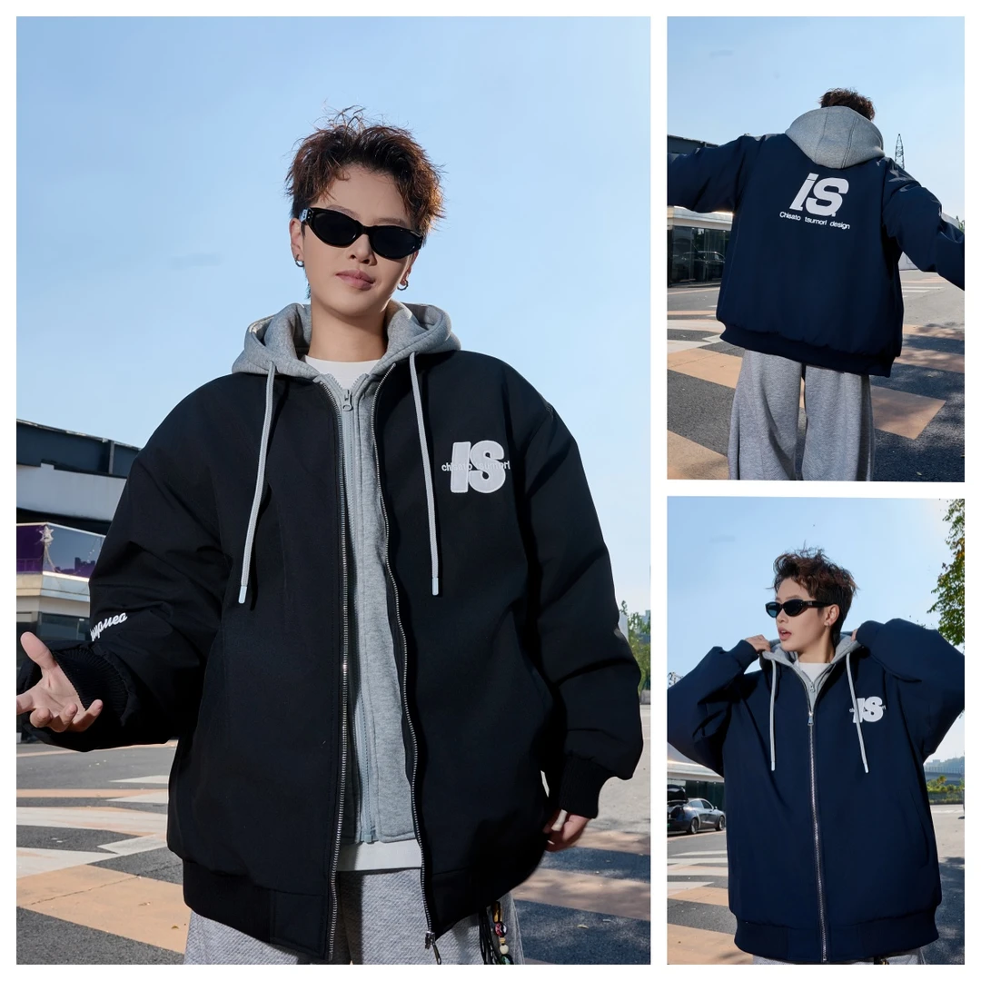 加绒加厚外套青少年冬季棉服学生连帽宽松港风棉衣假两件夹克衫潮