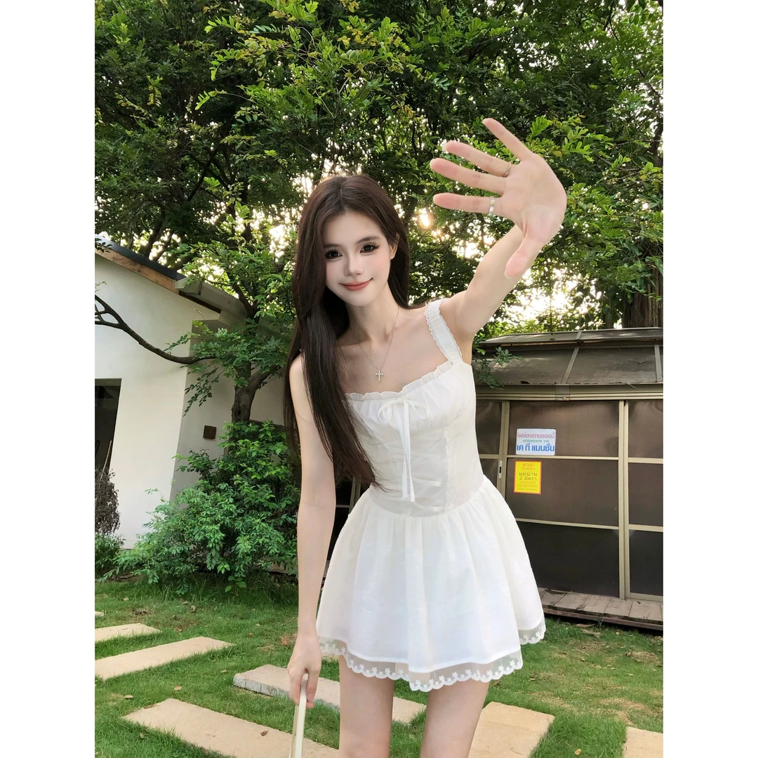 青青-画解WAHJU【白月光匿名】夏季收腰显瘦白色少女连衣裙9339W